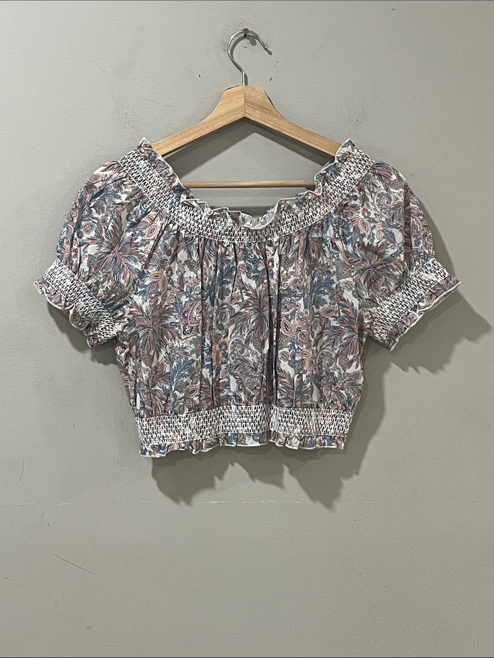 J. Crew Floral Smocked Off-Shoulder Crop Top — Blue & Pink
